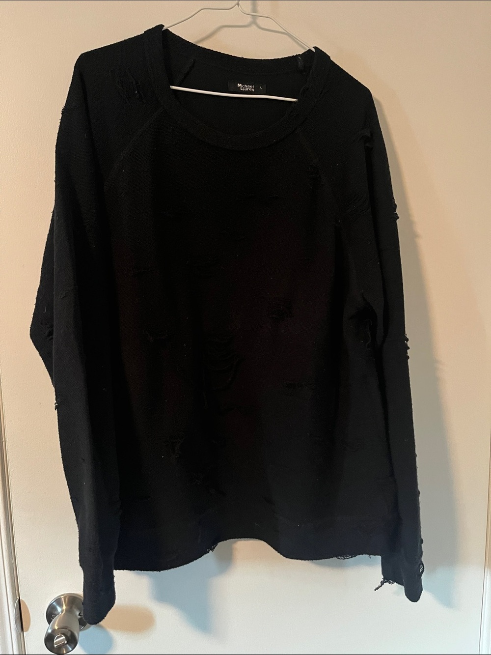 Michael Lauren Distressed Black Crewneck Sweater